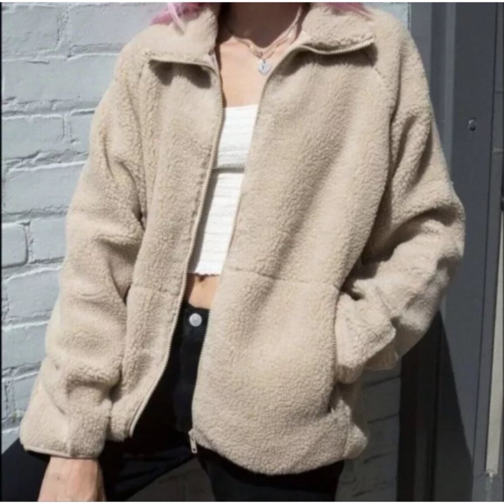 Brandy Melville John Galt WILLOW Full Zip Shearling Teddy Jacket Tan